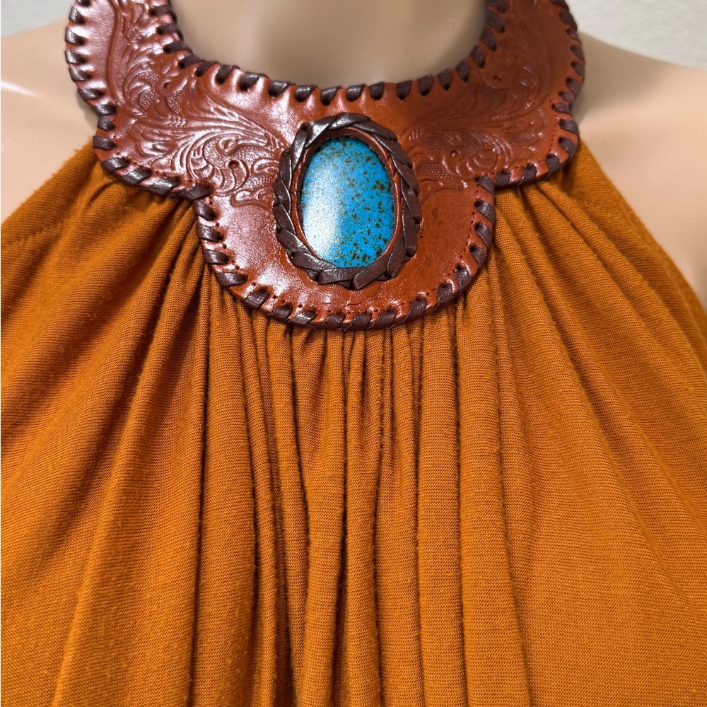 T-Bags Rust Orange Draped  Halter Top with Leather Turquoise Detail
